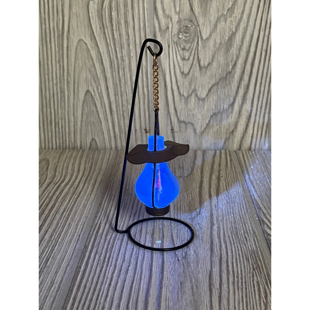 Vintage Miniature Hurricane Lantern with Dried Flowers Blue Glow Light and Stand